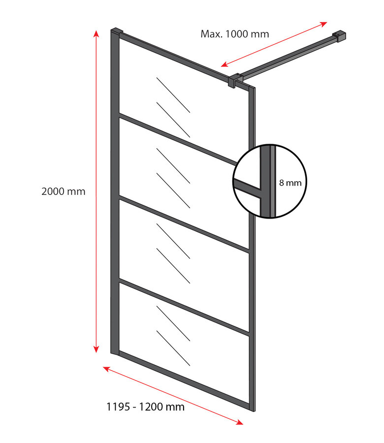 Douchewand Essos 120 x 200 cm - zwart - inloopdouche 8mm