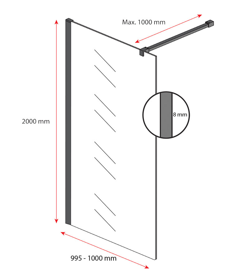 Douchewand Rizani 100 x 200 cm - rookglas - zwart - inloopdouche 8mm