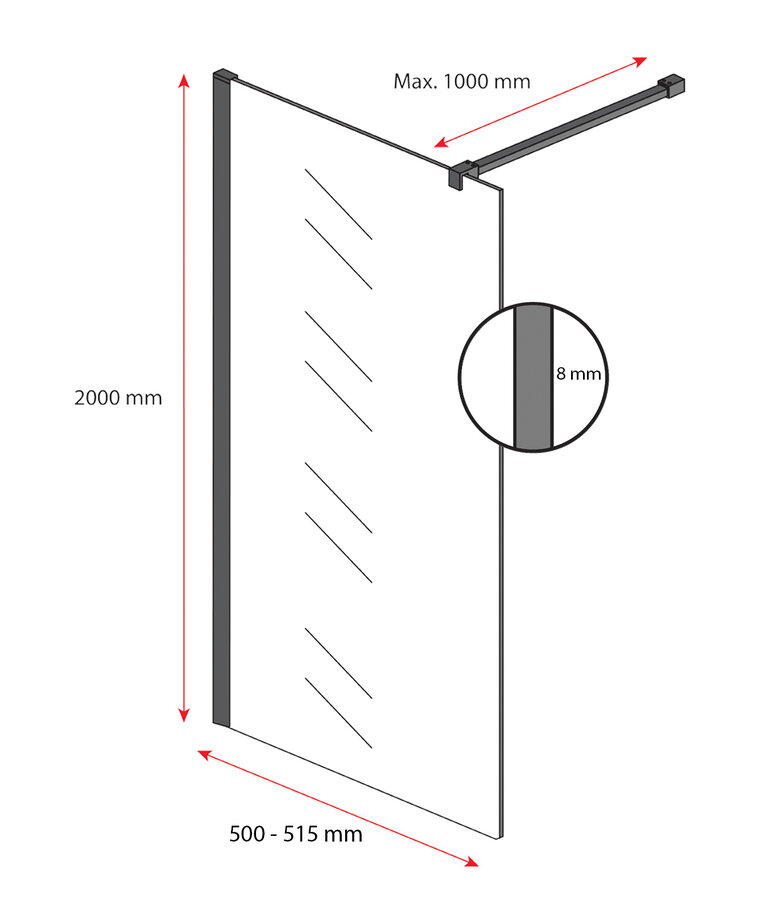 Douchewand Rizani 50 x 200 cm - rookglas - zwart - inloopdouche 8mm