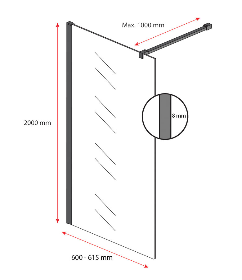 Douchewand Rizani 60 x 200 cm - rookglas - zwart - inloopdouche 8mm