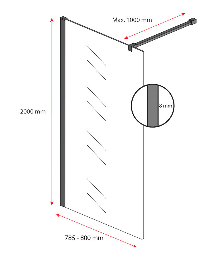 Douchewand Rizani 80 x 200 cm - rookglas - zwart - inloopdouche 8mm