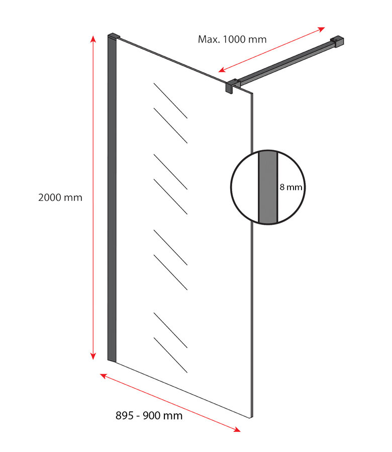 Douchewand Rizani 90 x 200 cm - rookglas - zwart - inloopdouche 8mm