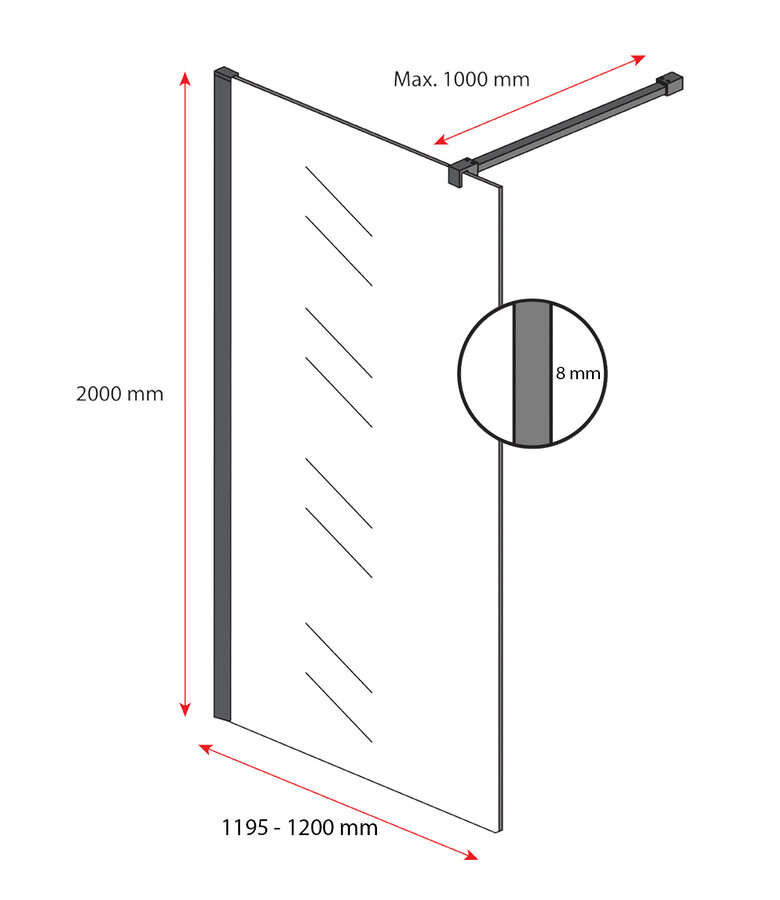 Douchewand Rizani 120 x 200 cm - rookglas - zwart - inloopdouche 8mm