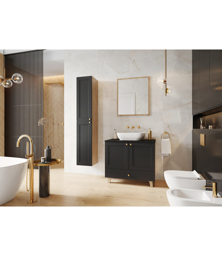 Wastafelkast Rincon 60cm - zwart met eiken - met spiegel en zijkast
