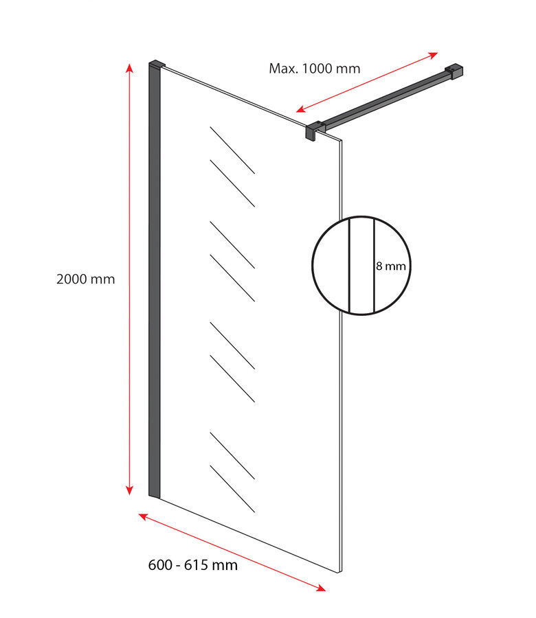 Douchewand Florida 60 x 200 cm - chroom - melkglas - inloopdouche 8mm