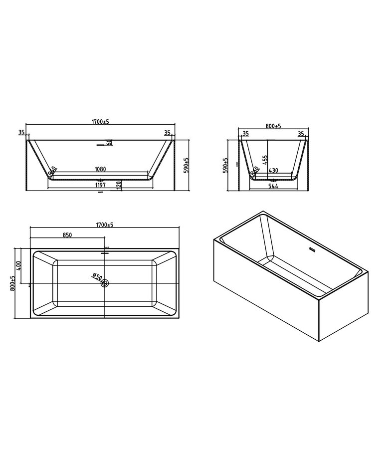 Vrijstaand ligbad Akaro 170 x 80 x 58 cm - wit