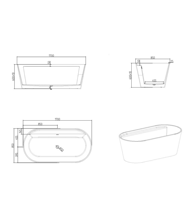 Vrijstaand ligbad Alco 170 x 85 x 60 cm - wit