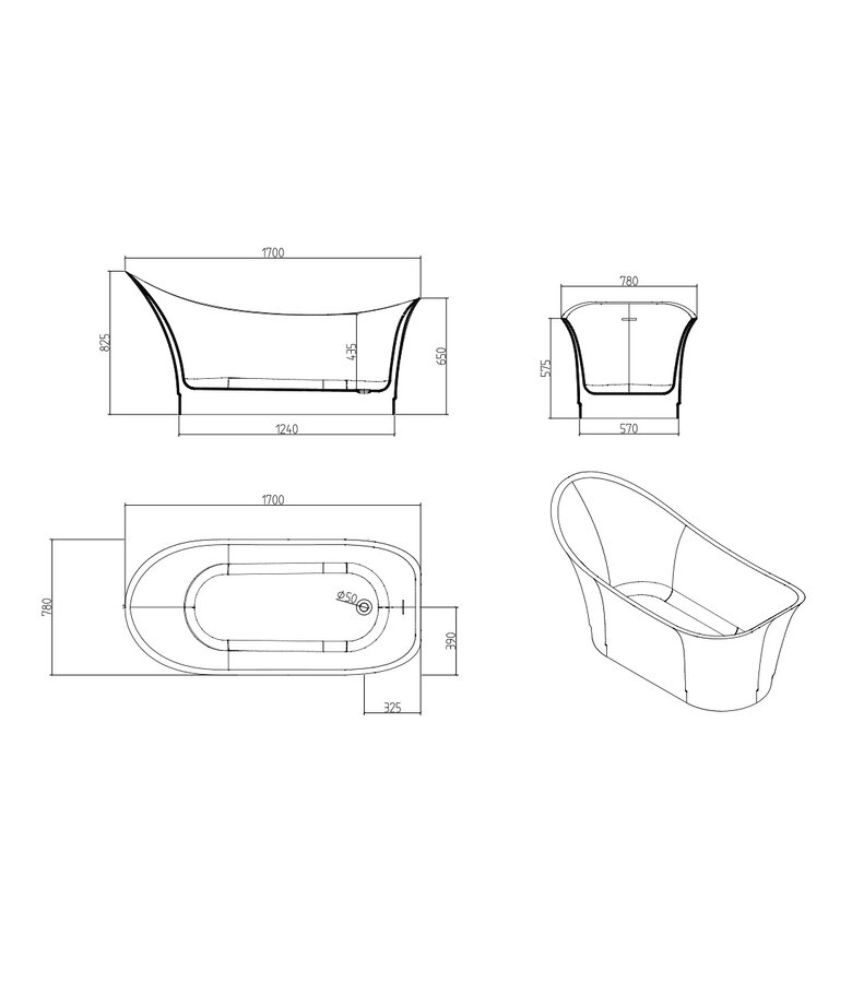 Vrijstaand ligbad Sante Fé 170 x 78 x 82 cm - wit