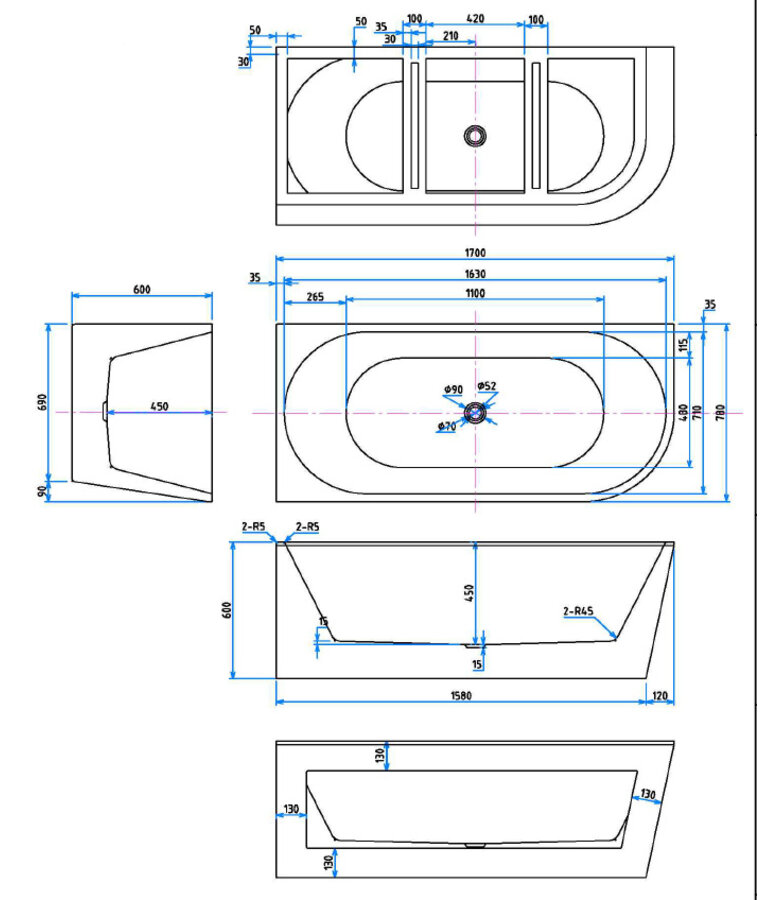 Half vrijstaand ligbad Isia 170 x 78 x 60 cm - wit  - rechts