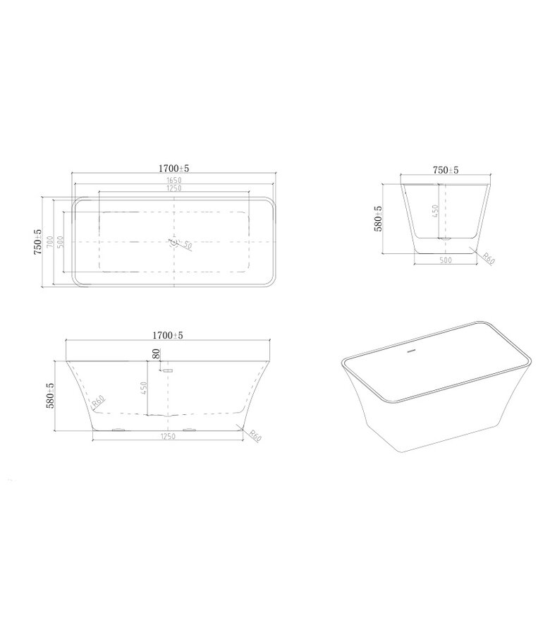 Vrijstaand ligbad Lily 170 x 75 x 58 cm - wit
