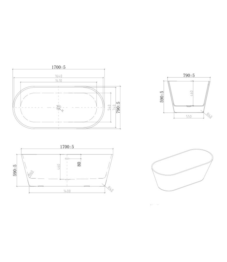 Vrijstaand ligbad Miami 170 x 79 x 59 cm - wit