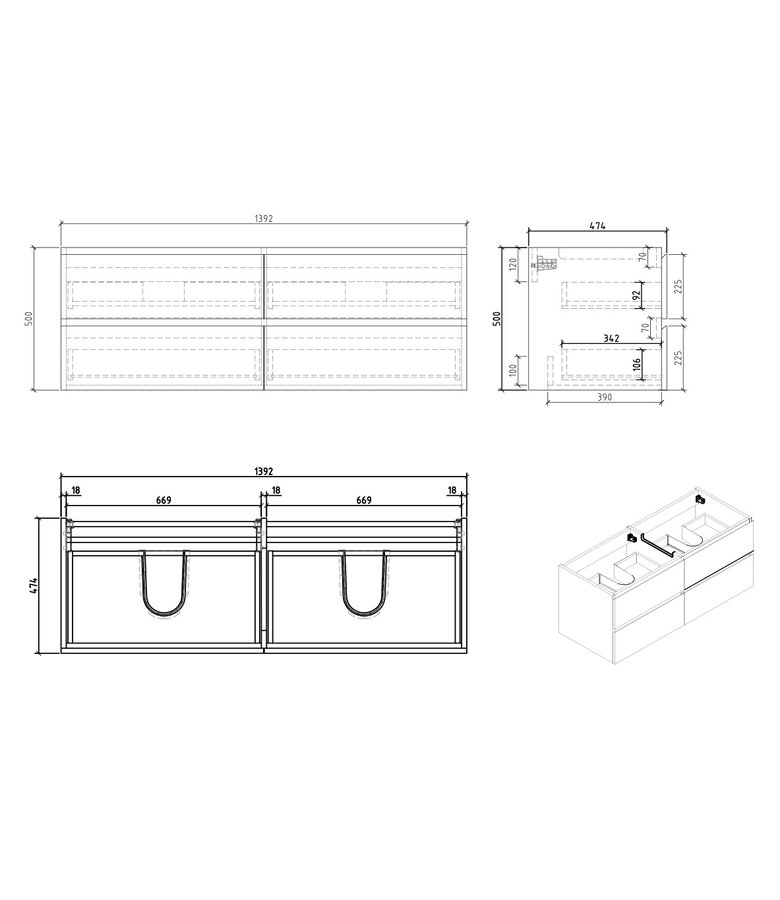 Badkamermeubel Angela 140cm - zwarte wastafel - eiken