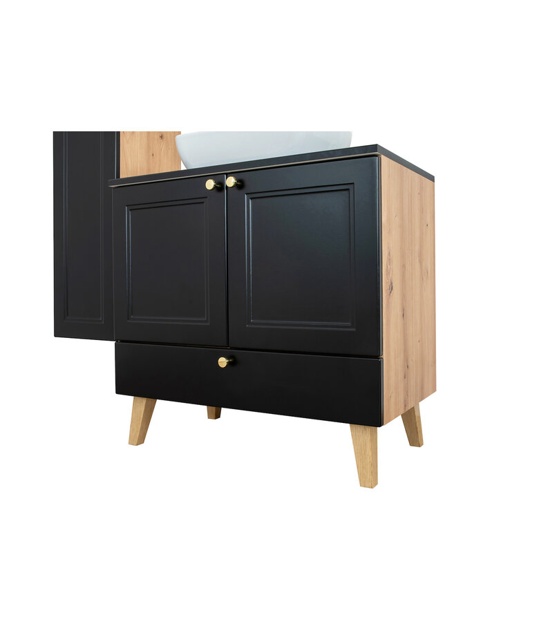 Wastafelkast Rincon 60cm - zwart met eiken - met spiegel en zijkast