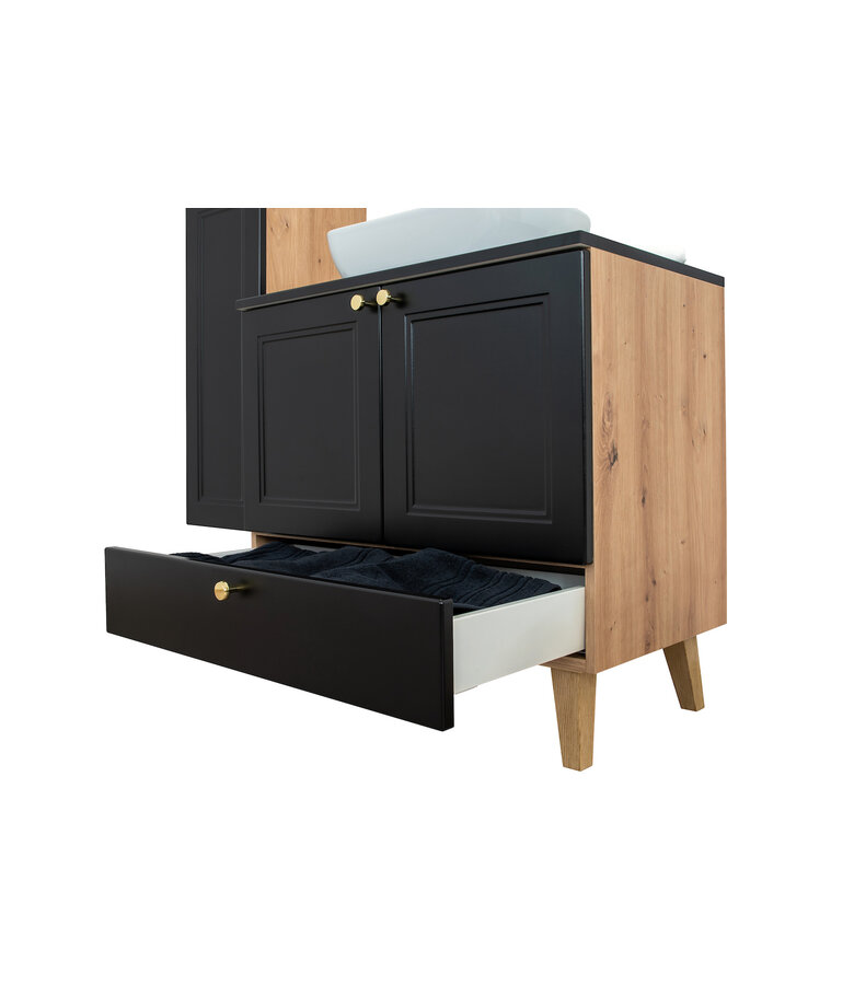 Wastafelkast Rincon 60cm - zwart met eiken - met spiegel en zijkast