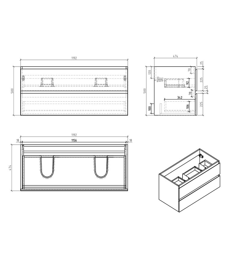 Wastafelkast Angela 120 x 48 x 50 cm - mat zwart