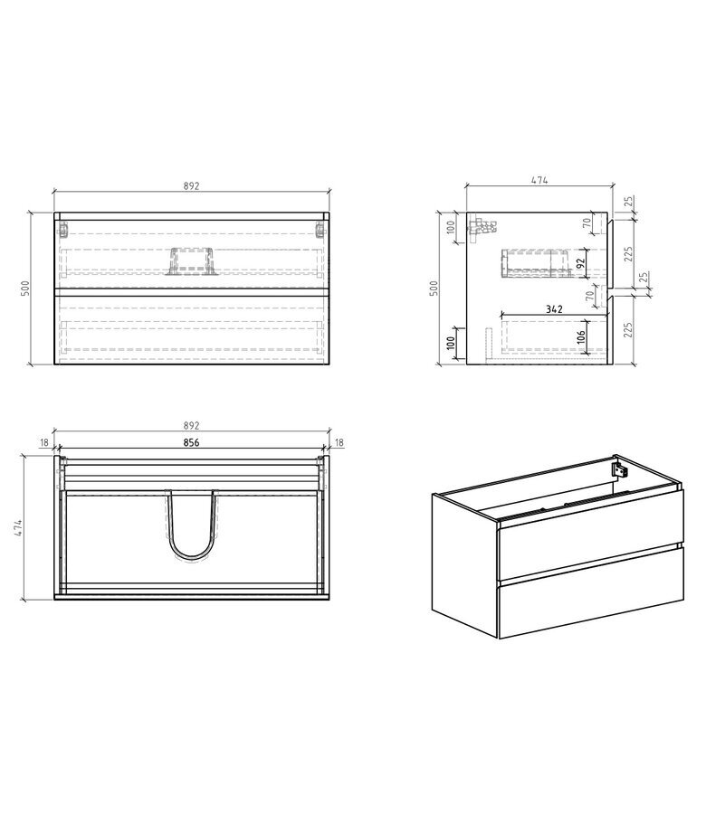 Wastafelkast Angela 90 x 48 x 54 cm - zwart houtnerf - met bovenblad