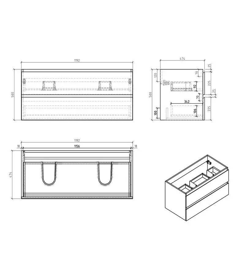 Wastafelkast Angela 120 x 48 x 54 cm - eiken - met bovenblad