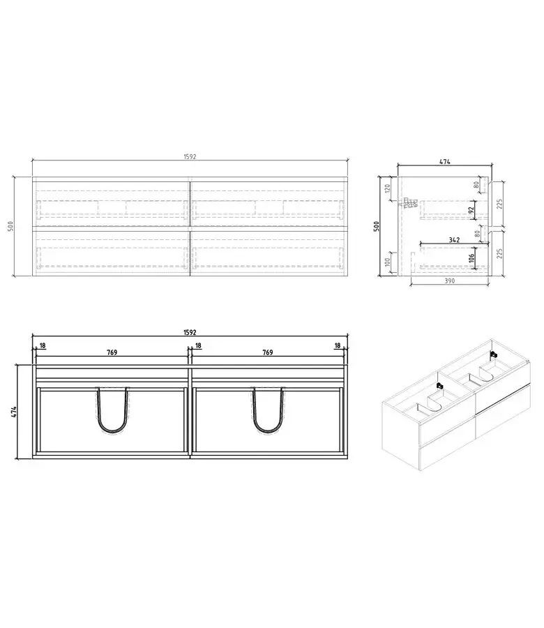 Wastafelkast Angela 160 x 48 x 54 cm - zwart houtnerf - met bovenblad