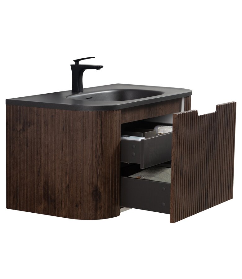 Badkamermeubel Murcia 90cm - walnoot bruin - zwarte wastafel