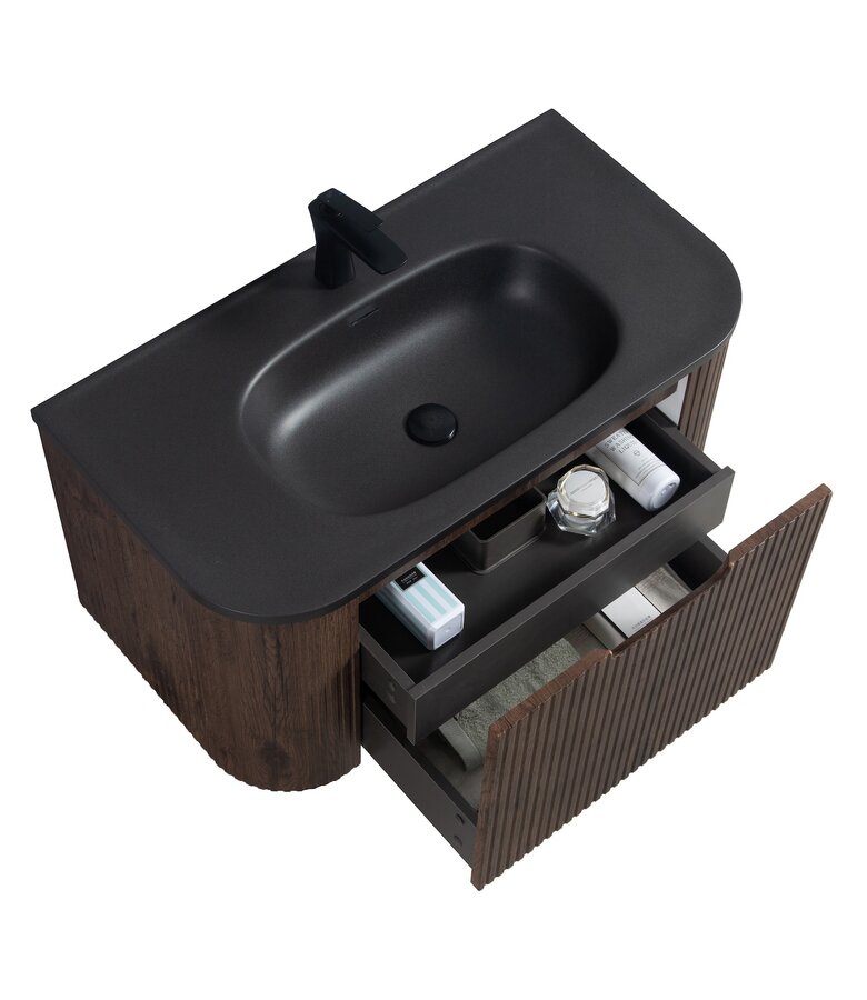 Badkamermeubel Murcia 90cm - walnoot bruin - zwarte wastafel