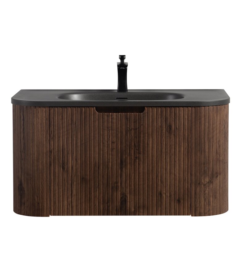 Badkamermeubel Murcia 90cm - walnoot bruin - zwarte wastafel