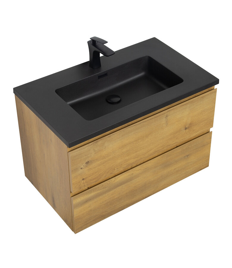 Badkamermeubel Angela 80cm - zwarte wastafel - eiken