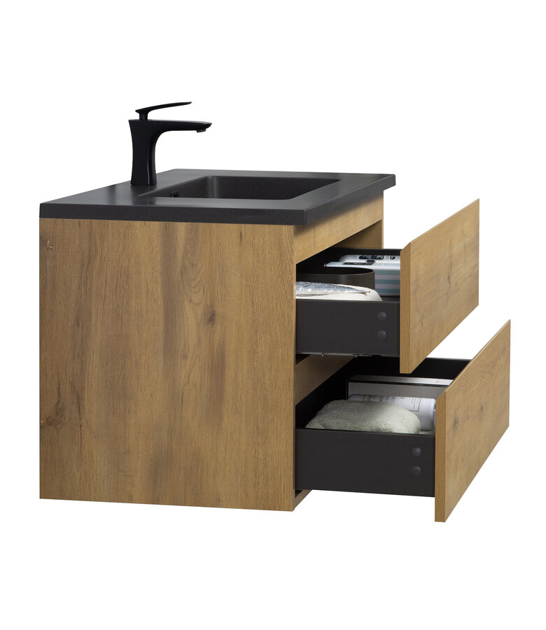 Badkamermeubel Angela 90cm - zwarte wastafel - eiken