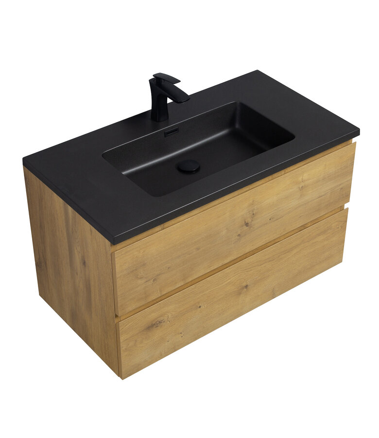Badkamermeubel Angela 90cm - zwarte wastafel - eiken