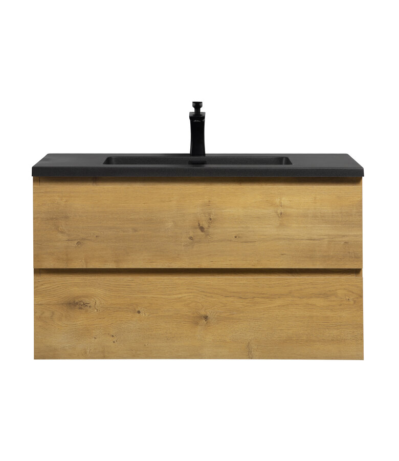 Badkamermeubel Angela 90cm - zwarte wastafel - eiken