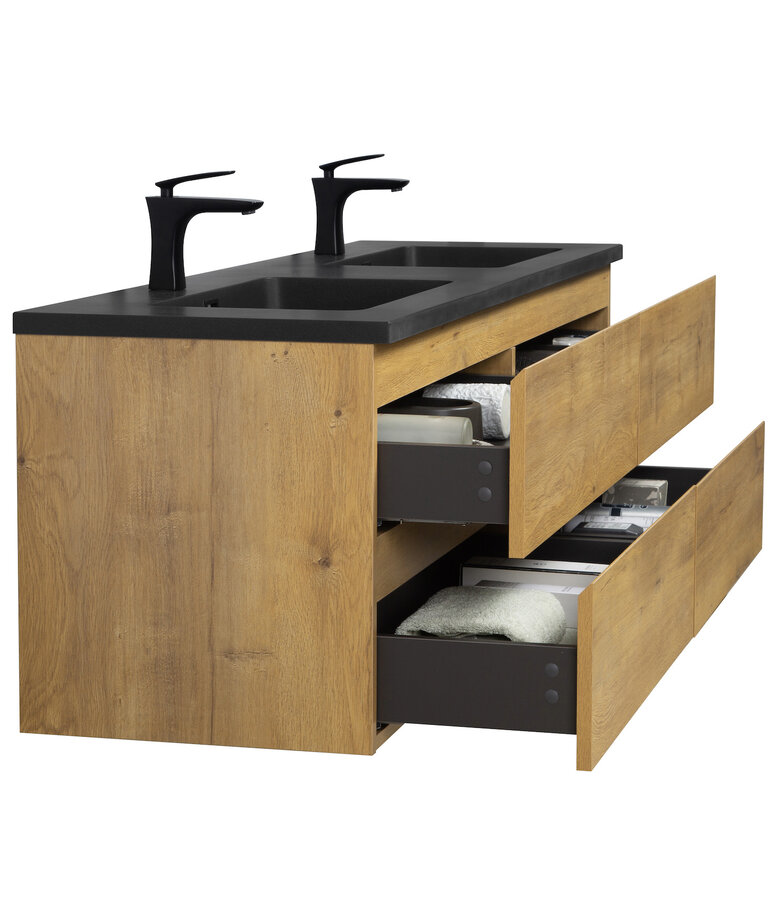 Badkamermeubel Angela 160cm - zwarte wastafel - eiken