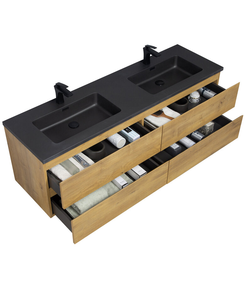 Badkamermeubel Angela 160cm - zwarte wastafel - eiken