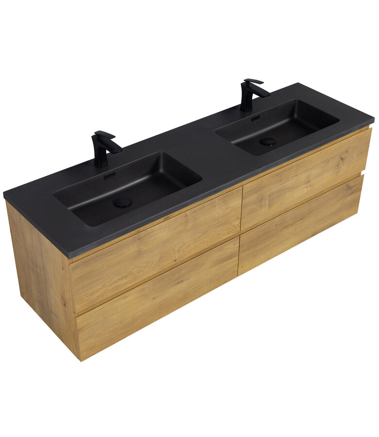 Badkamermeubel Angela 160cm - zwarte wastafel - eiken