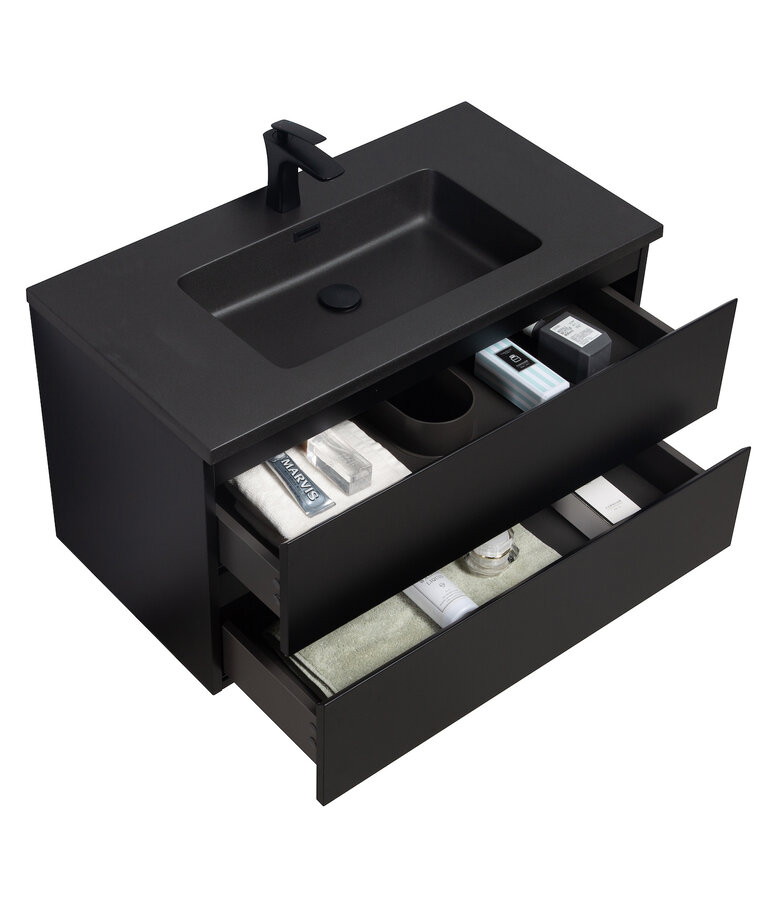 Badkamermeubel Angela 90cm - zwarte wastafel - mat zwart