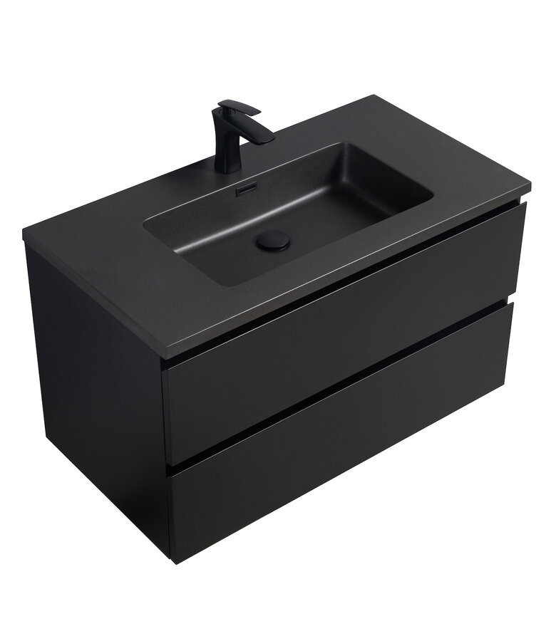 Badkamermeubel Angela 90cm - zwarte wastafel - mat zwart