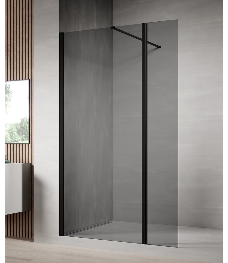 Douchewand Rizani 80 x 200 cm - rookglas - met draaipaneel (30 cm) - zwart