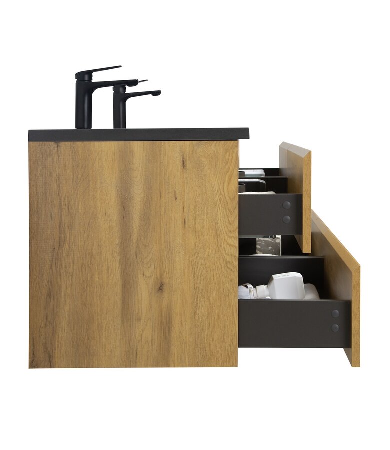 Badkamermeubel Angela 140cm - zwarte wastafel - eiken