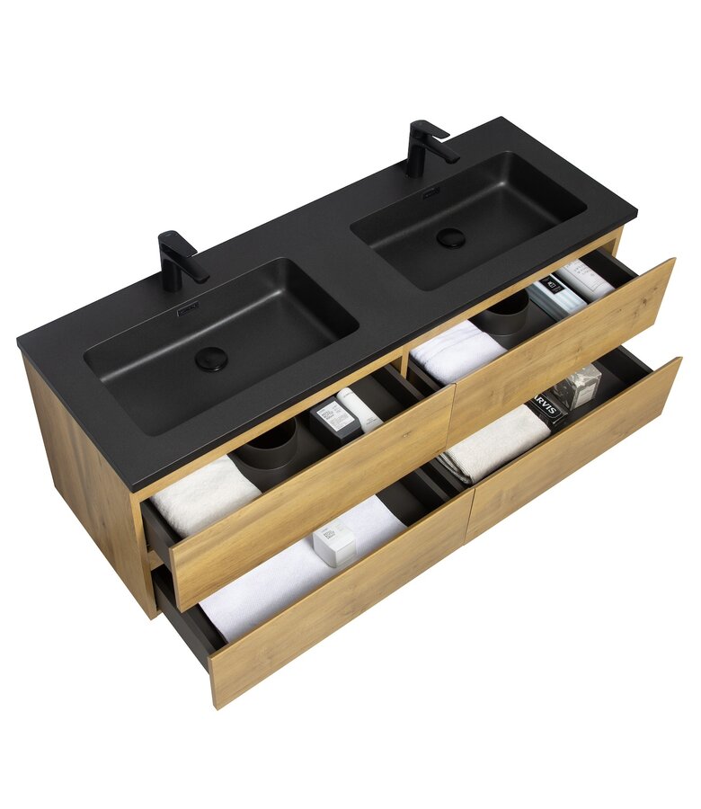 Badkamermeubel Angela 140cm - zwarte wastafel - eiken