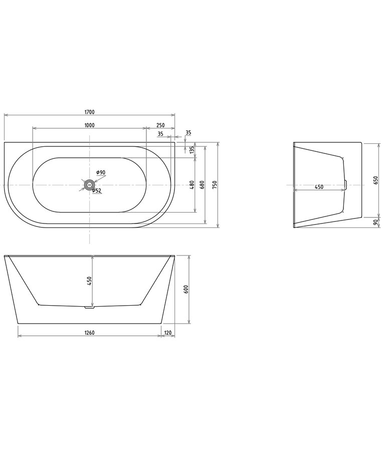 Half vrijstaand ligbad Isia 170 x 75 x 60 cm - wit