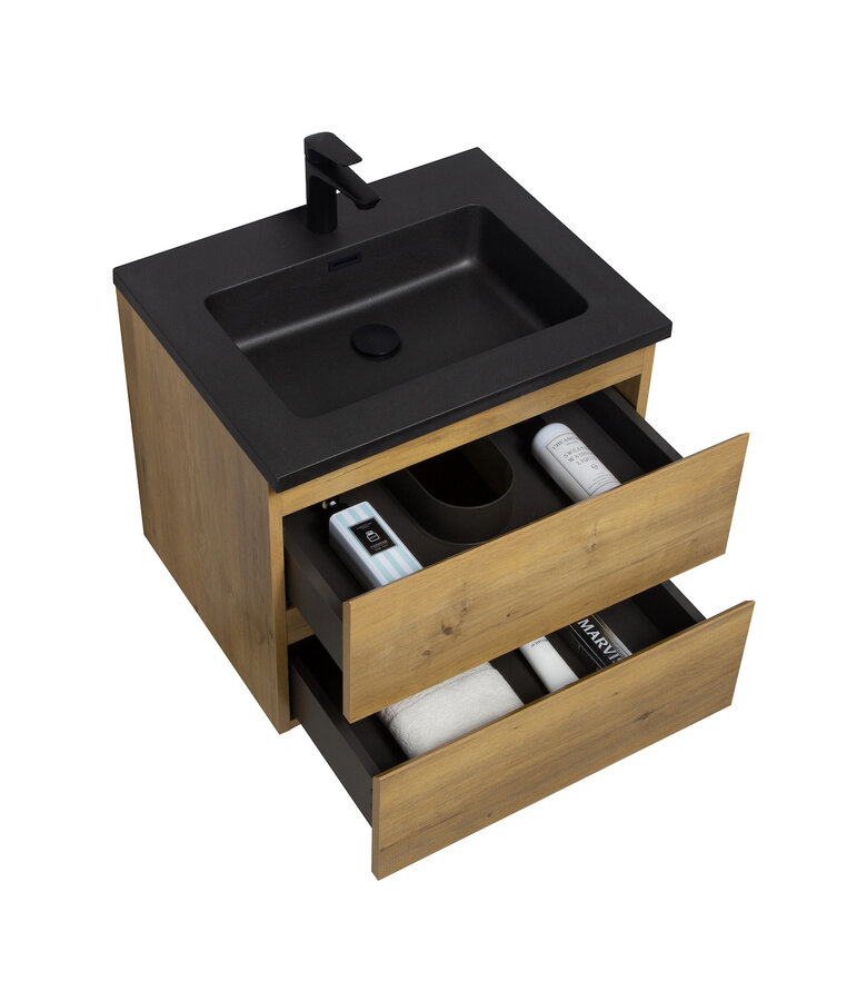 Badkamermeubel Angela 60cm - zwarte wastafel - eiken