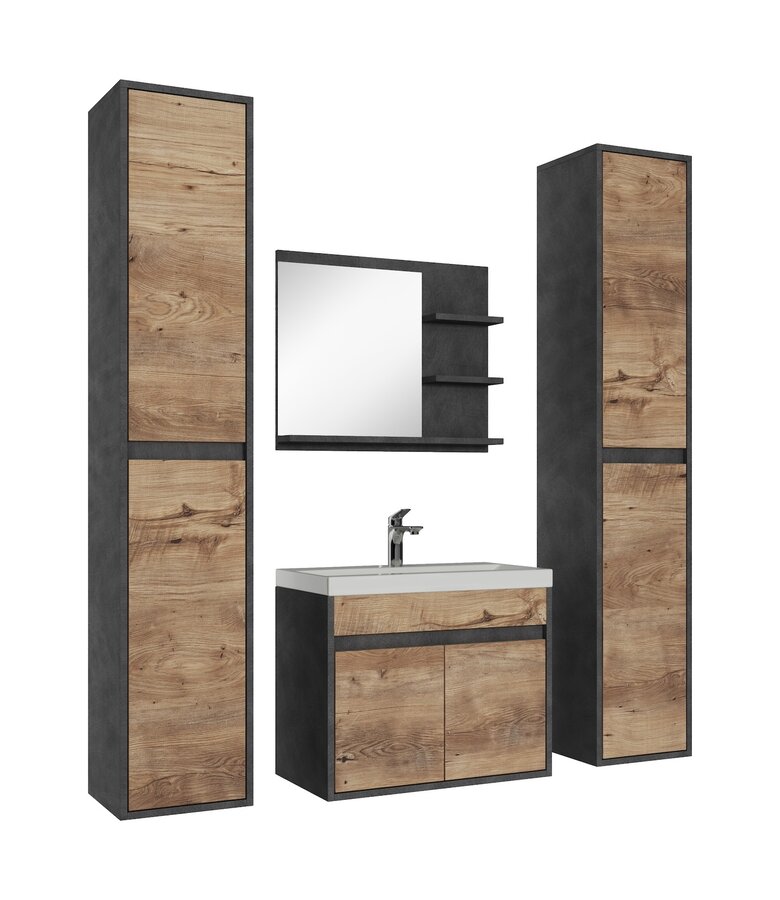 Badkamermeubel India XL 60cm complete set met spiegel - donker grijs met kastanje eiken