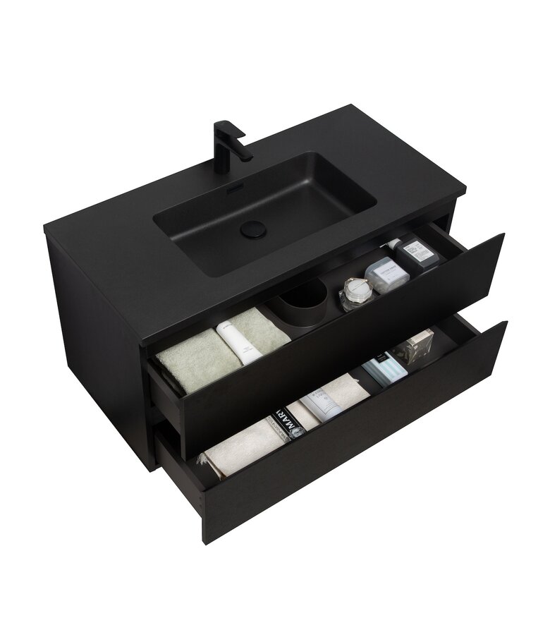 Badkamermeubel Angela 100cm - zwarte wastafel - zwart houtnerf