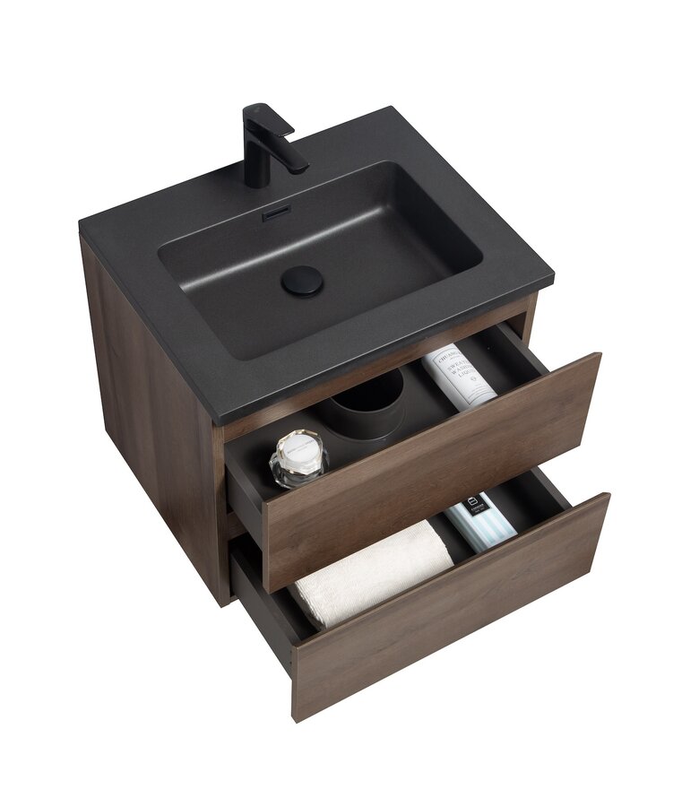 Badkamermeubel Angela 60cm - bruin eiken - zwarte wastafel