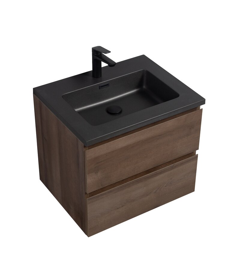 Badkamermeubel Angela 60cm - bruin eiken - zwarte wastafel