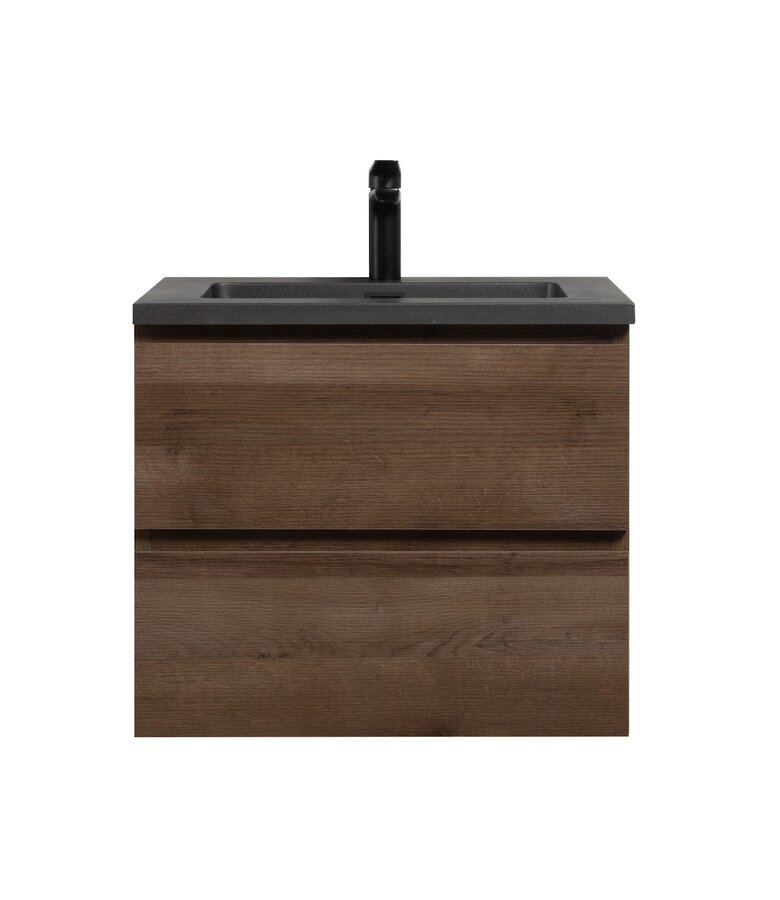 Badkamermeubel Angela 60cm - bruin eiken - zwarte wastafel