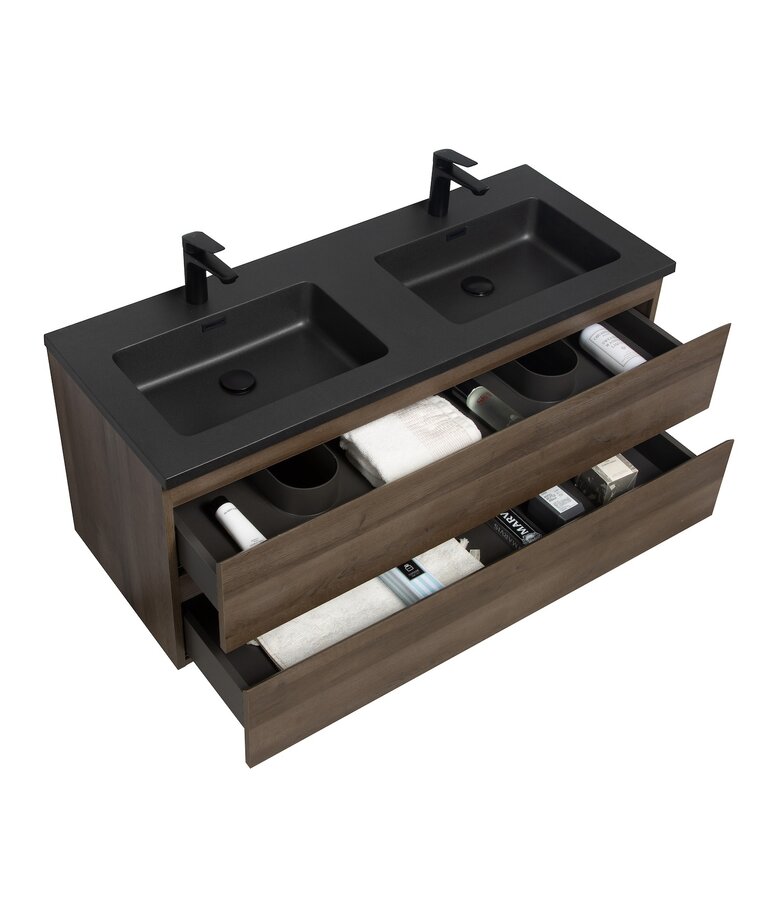 Badkamermeubel Angela 120cm - bruin eiken - zwarte wastafel