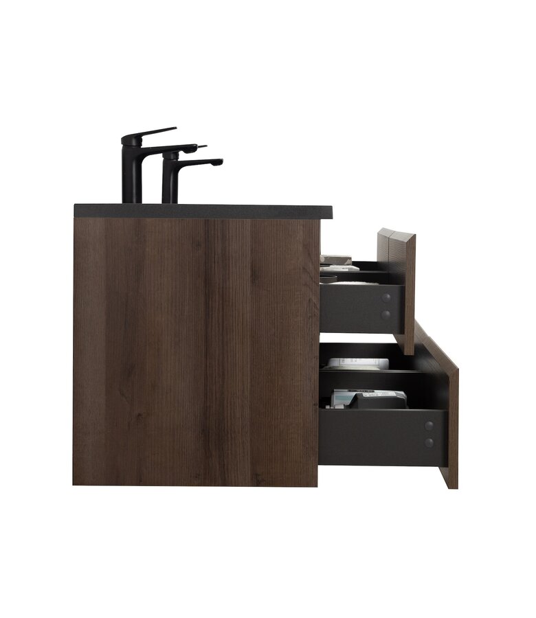 Badkamermeubel Angela 140cm - bruin eiken - zwarte wastafel