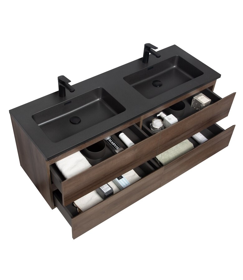 Badkamermeubel Angela 140cm - bruin eiken - zwarte wastafel