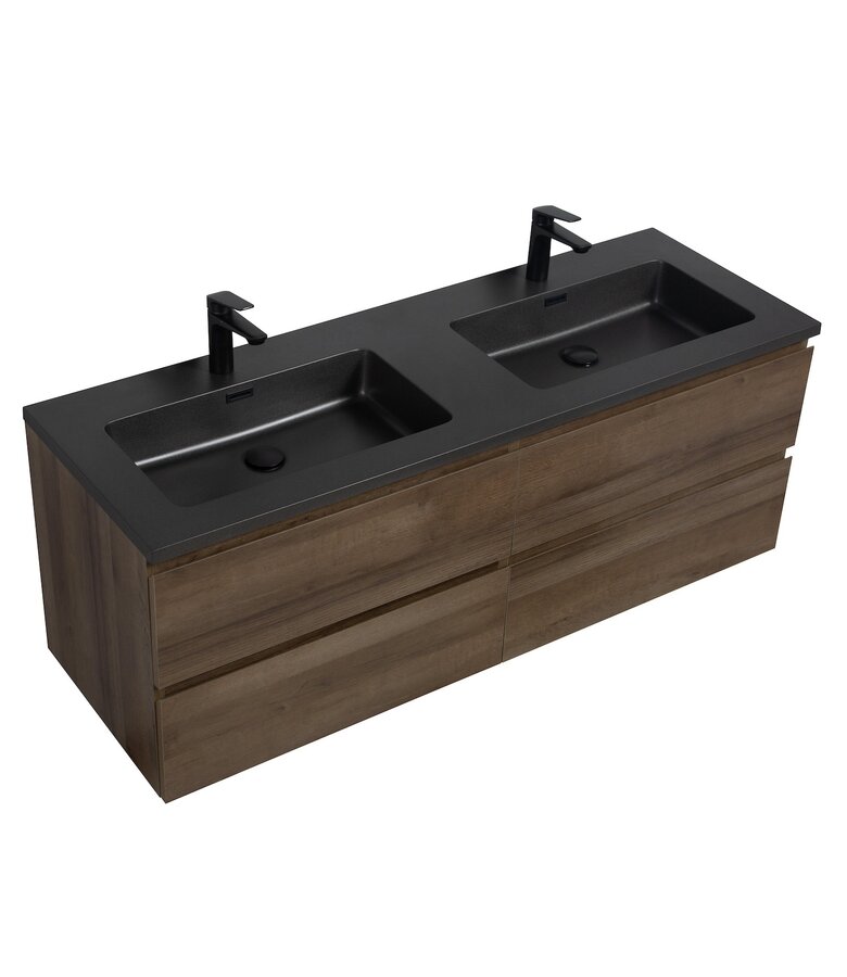 Badkamermeubel Angela 140cm - bruin eiken - zwarte wastafel