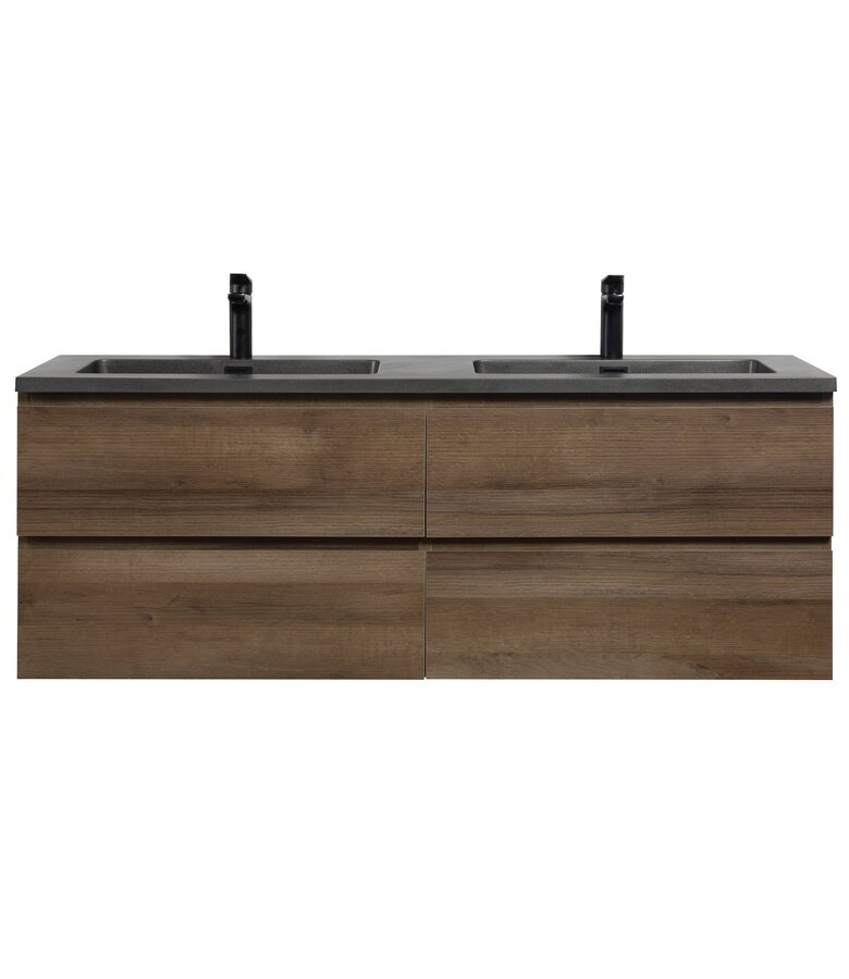 Badkamermeubel Angela 140cm - bruin eiken - zwarte wastafel