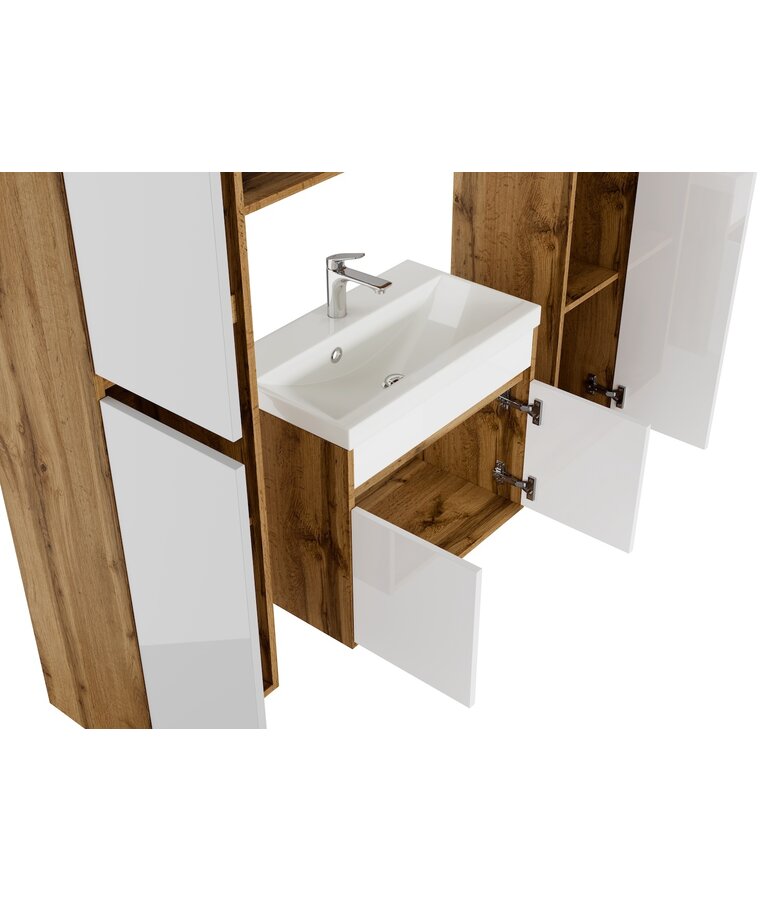 Badkamermeubel India XL 60cm complete set met spiegel - eiken met hoogglans wit